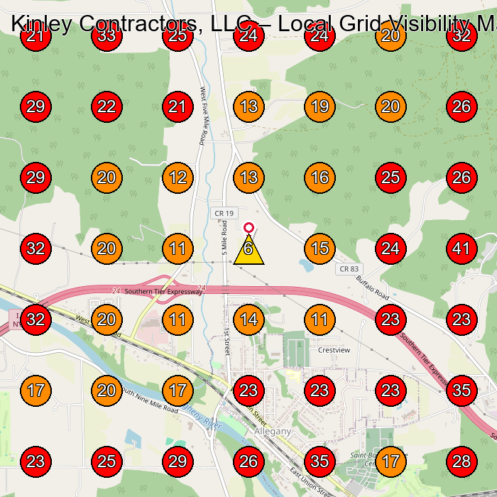 Kinley Contractors, LLC GeoGrid visibility map for Personal Injury Attorney in Olean